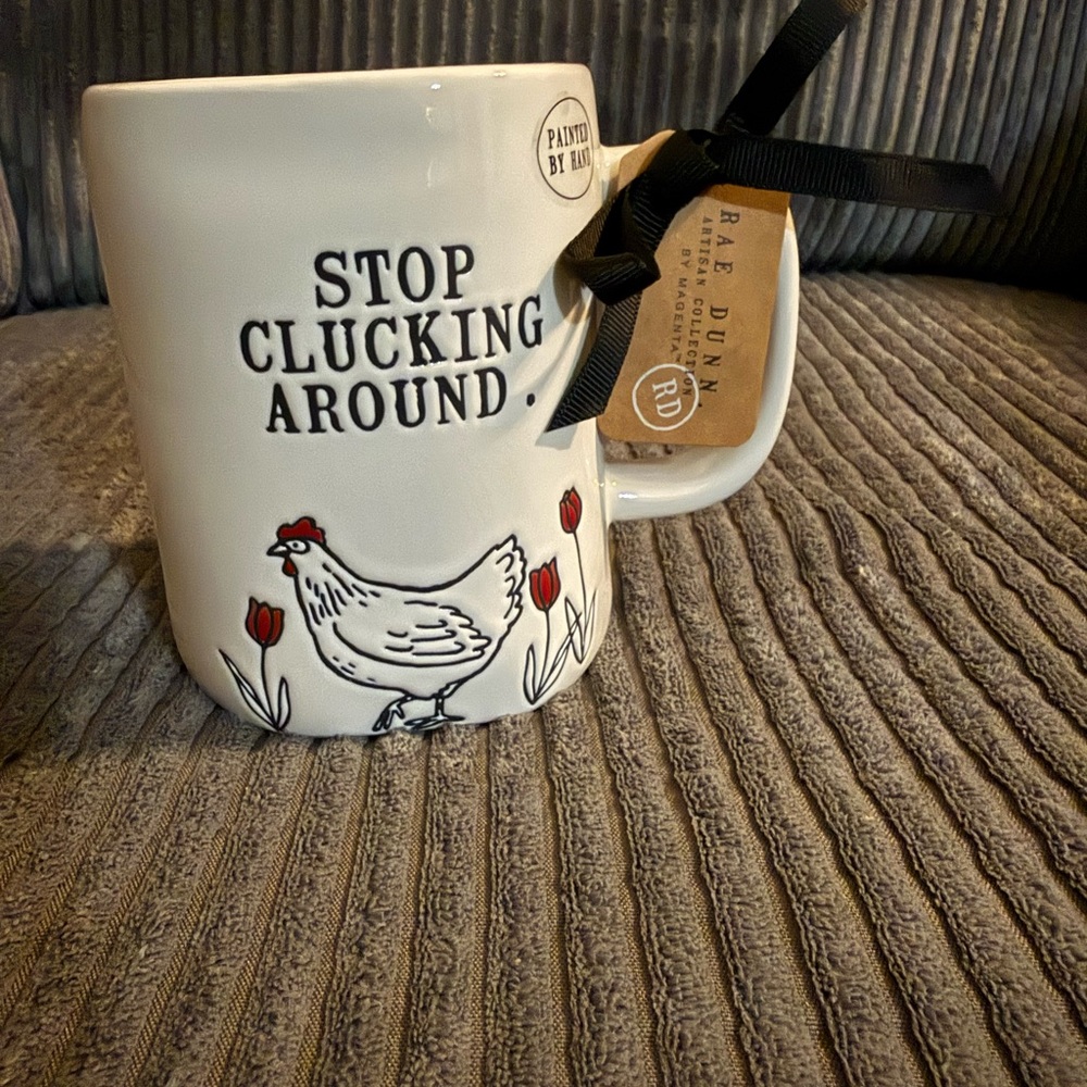 Rae Dunn White w/ Red Interior Mug- STOP CLUCKING AROUND - Chicken Design